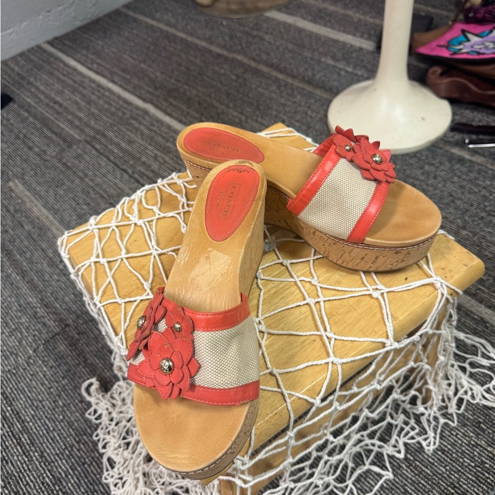 Coach Coral and Beige Floral Cork Wedge Sandals - Women's